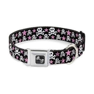 Colorful Dog Collar with Seatbelt Buckle and Skulls Stars Pattern Black White Pink