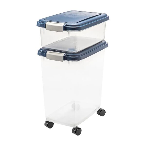 Combo Pet Food and Treat Storage Container with Airtight Seal and Wheels in Navy Blue