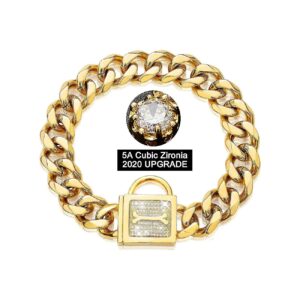 Comfortable Dog Chain Collar with Gold Cuban Link Chain and Zirconia Buckle