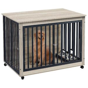 Comfortable Grey Dog Crate Furniture with Wheels and Double Doors for Large Indoor Dogs