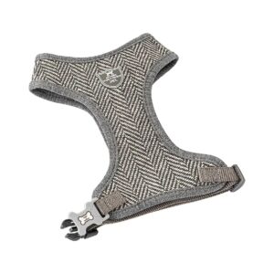 Comfortable Grey Herringbone Tweed Dog Harness with Soft Padding for Neck and Chest