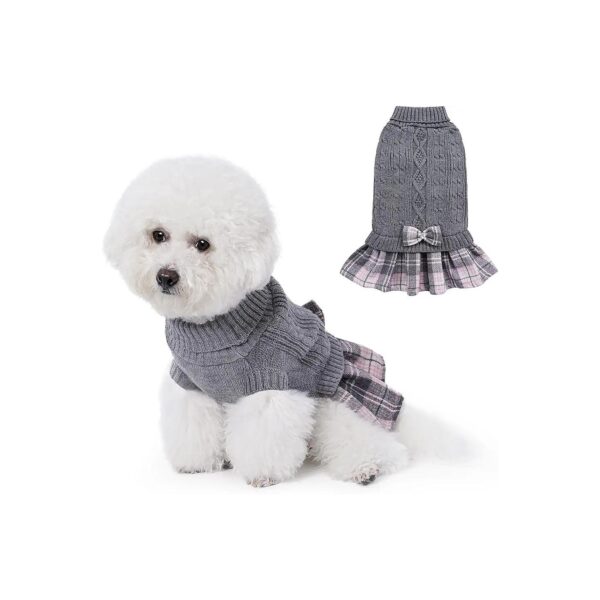 Comfortable Grey Knitted Dog Sweater Dress with Cute Bowtie Neck for Small Breed Dogs