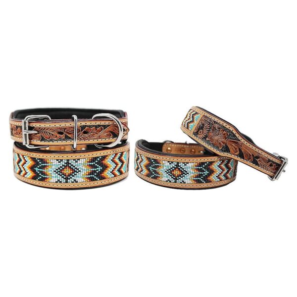 Comfortable Padded Leather Dog Collar with Beaded Beading and Floral Tooled Leather