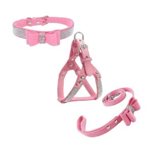 Comfortable Pink Microfiber Dog Collar and Harness Set for Small Pets with Diamante