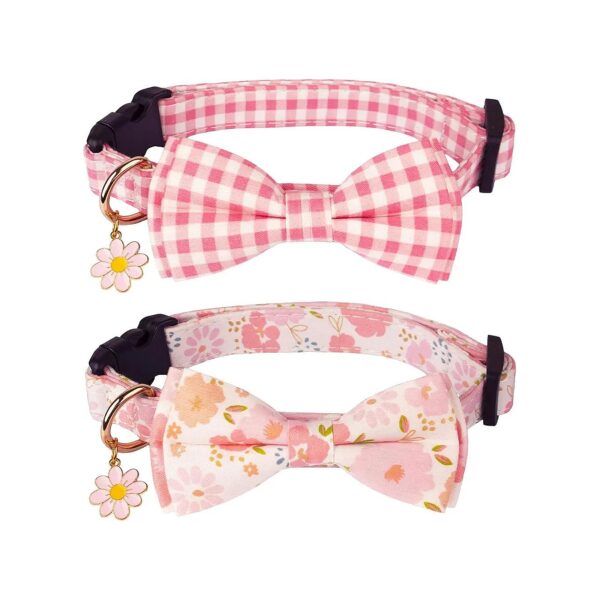 Comfortable Pink Plaid Dog Collar with Removable Bowtie Charm for Stylish Female Canines