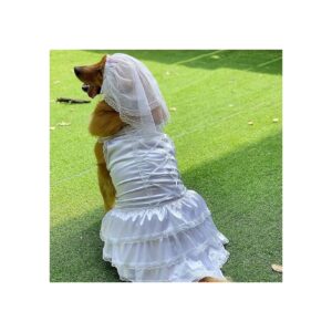 Comfortable and Breathable White Dog Wedding Dress with Lace Edge and Head Pieces