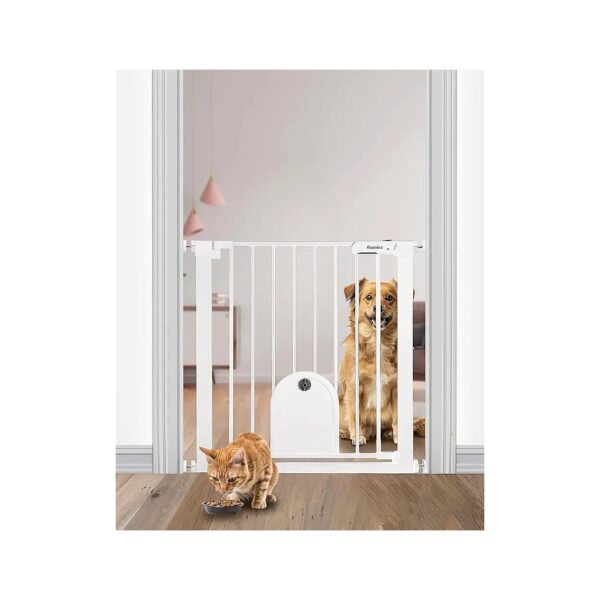 Compact and Easy-to-Install White Baby Gate with Cat Door for Pet and Child Safety