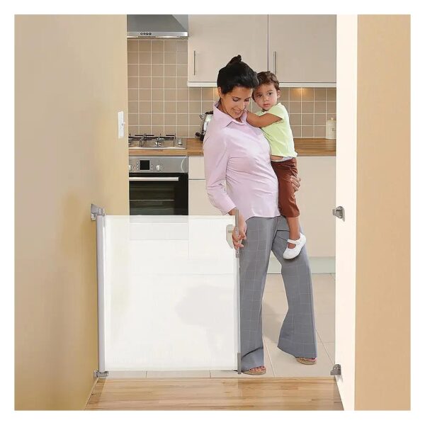 Compact and Space-Efficient White Retractable Baby Gate for Small Homes