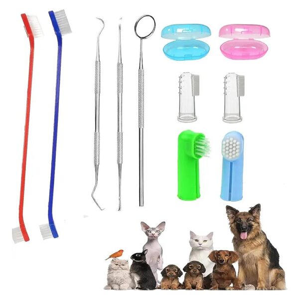 Complete Pet Dental Care Kit for Cats and Dogs with Finger Brush and Metal Tools