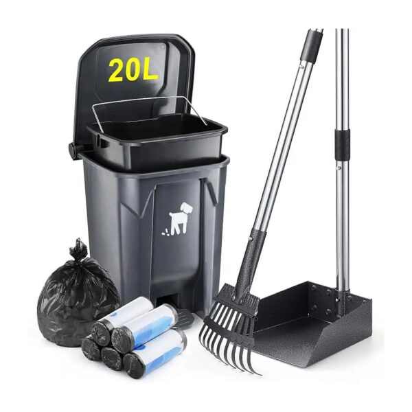 Comprehensive Dog Poop Scooper Set with Long Handle Rake and 20L Trash Bin for Pet Owners