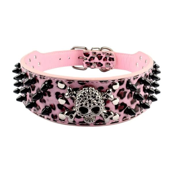 Cool Pink Leopard Spiked Dog Collar with 3 Rows of Bullet Rivets for a Fashionable Look