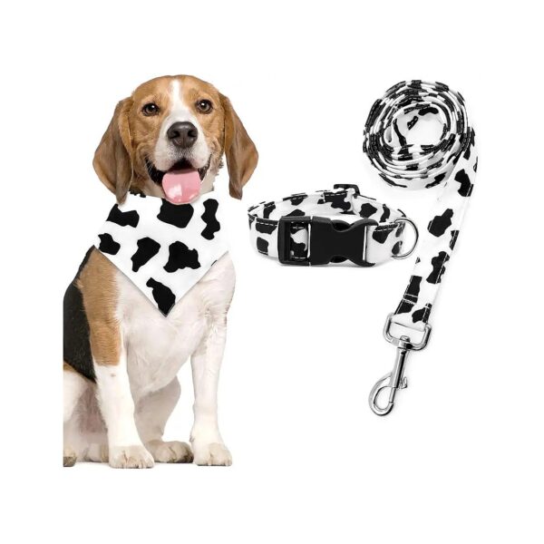 Cow Print Dog Bandana Collar Leash Set for Small Medium Pets with Adjustable Width