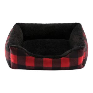 Cozy Red Checked Printed Rectangular Dog Bed with Self-Warming Velvet Inner