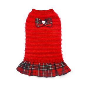 Cozy Small Dog Sweaters in Red Plaid with Bowtie for Chihuahua Yorkies Winter