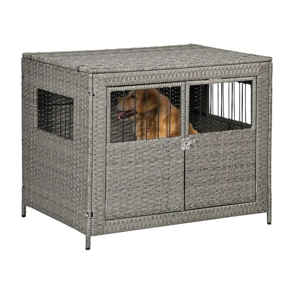 Cozy Wicker Dog Crate with Double Doors for Medium to Large Sized Dogs Grey