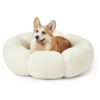 Cream Plush Teddy Sherpa Large Dog Bed with Non-Slip Base and Flower Design