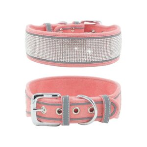 Crystal Encrusted Dog Collars Pink Soft Suede Reflective Collars for Large Dogs