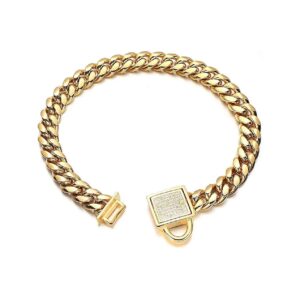 Cuban Link Dog Collar with 10mm Gold Chain Stainless Steel and CZ Lock for Puppies