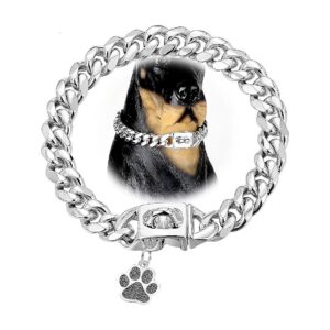 Cuban Link Dog Collar with Silver Paw Tag Buckle 12mm Stainless Steel