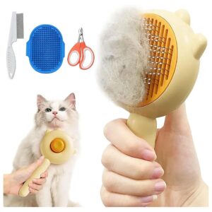 Curved Stainless Steel Cat Hair Brush with Release Button for Easy Shedding and Cleaning