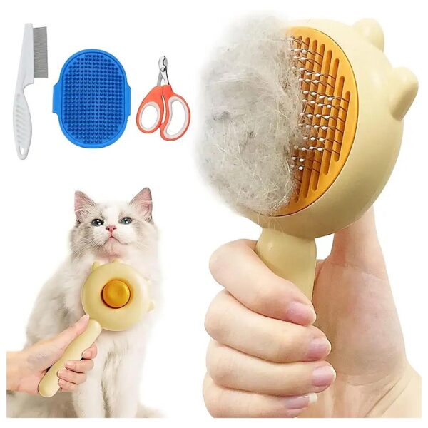 Curved Stainless Steel Cat Hair Brush with Release Button for Easy Shedding and Cleaning