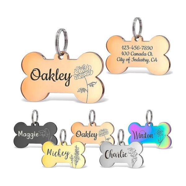 Custom Birth Month Flower Dog ID Tags in Rose Gold Finish with Clear Engraving