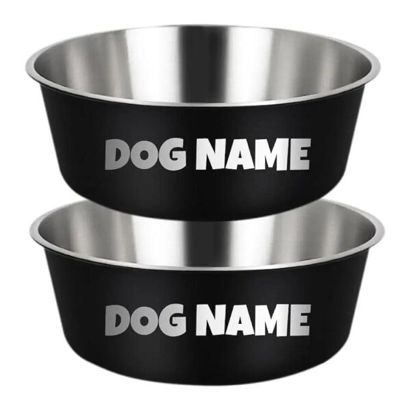 Custom Dog Food and Water Bowls with Names and Breeds in Black or Stainless Steel