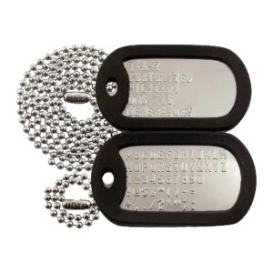 Custom Embossed Stainless Steel Dog Tags with Stainless Steel Chains and Black Silencers