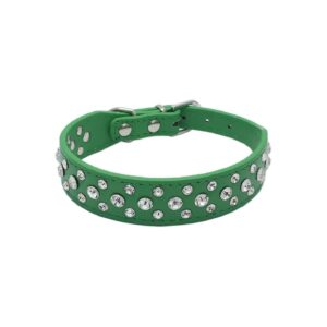 Custom Green Leather Small Dog Collar with Crystal Rhinestone Bling for 11-13 Inches Neck