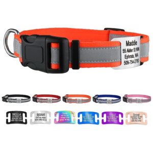 Customizable Dog Tag with Reflective Orange Nylon Collar and Stainless Steel ID Plate