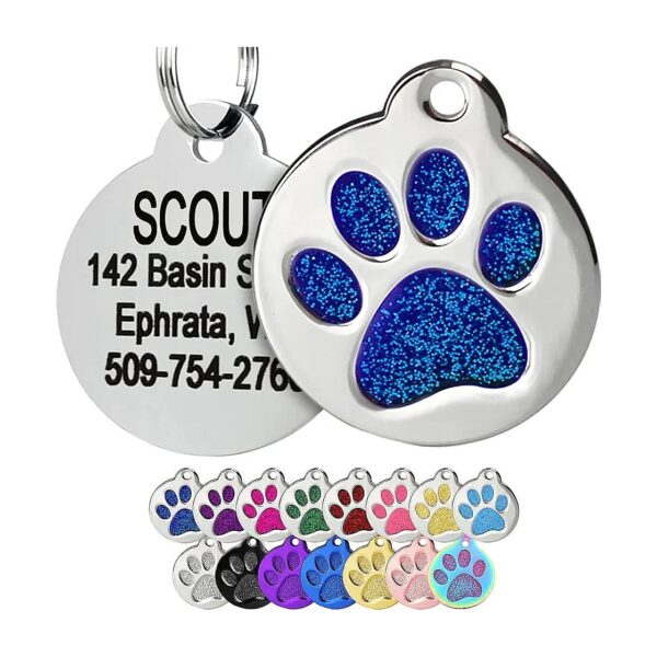 Customizable Glitter Blue Stainless Steel Pet Tag with Paw Print Design for Dogs and Cats