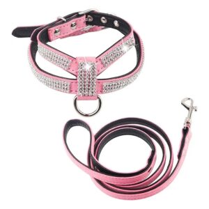 Customized Pink Rhinestone Dog Harness Leash Set for Small Dogs