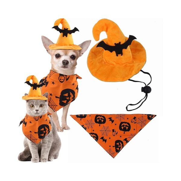 Cute Bat Wizard Hat and Pumpkin Bandana Halloween Costume for Small Dogs