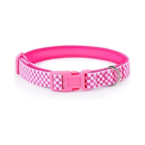 Cute Checkered Pink Nylon Dog Collar with Adjustable Buckle Closure for XS to Large Dogs