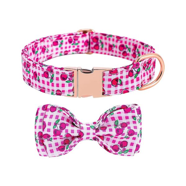 Cute Dog Accessories Pink Cherry Plaid Cotton Dog Collar with Bowtie Size Adjustable