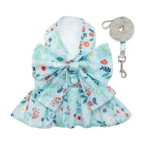 Cute Floral Bow Tie Dog Vest Harness Dress with Short Leash for Small Pets