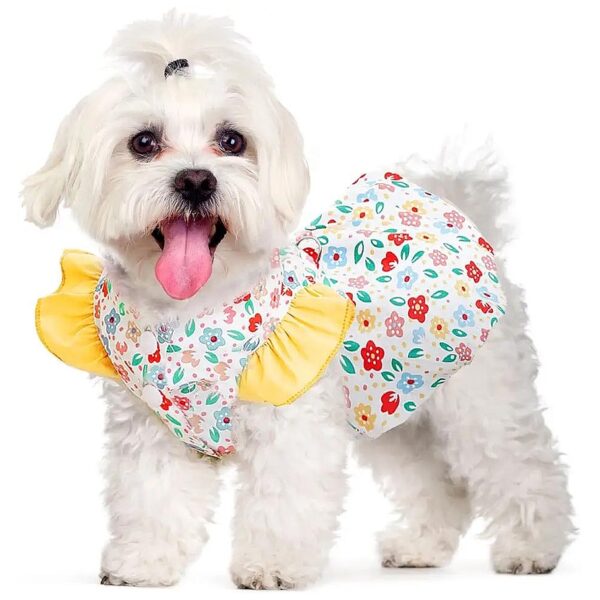 Cute Floral Dog Dress with D Ring for Small Dogs Cats Pet Clothing Yellow Summer Outfits