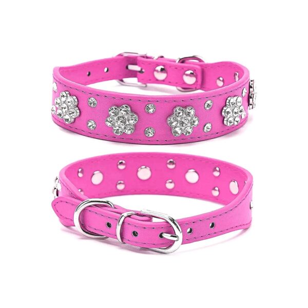 Cute Hot Pink Flower Rhinestone Bling Dog Collar Comfortable Adjustable Buckle Collar