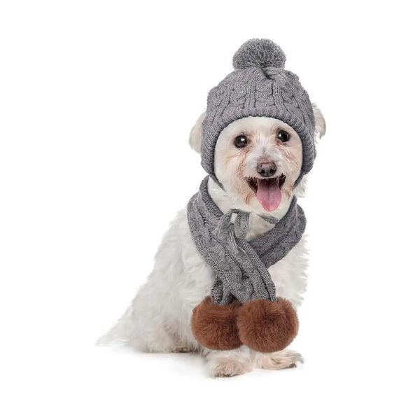 Cute Knitting Hat and Pom Pom Scarf for Small to Medium Dog and Big Cat Winter Fashion