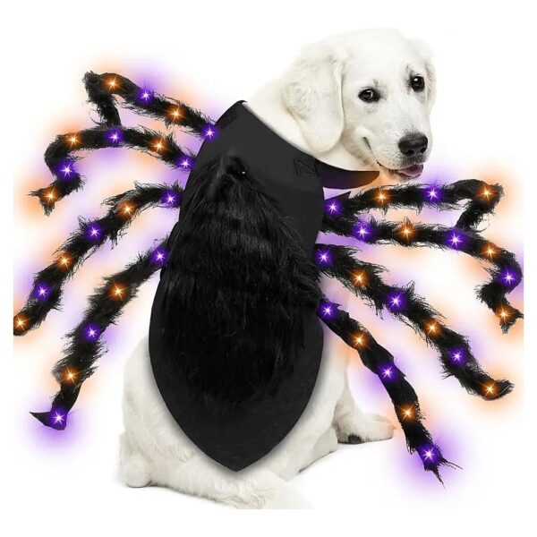 Cute LED Dog Halloween Costume Furry Giant Spider Orange Purple Lights Pet Accessory