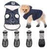 Cute Navy Blue Hooded Dog Coat and Waterproof Dog Shoes for Small Puppy