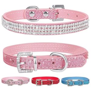 Cute Pink Leather Dog Collar with Buckle and Rhinestones for Small Dogs