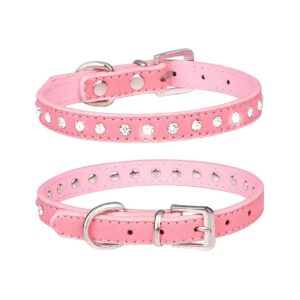 Cute Pink Suede Leather Dog Collar with Crystal Rhinestones for Small to Medium Size Pets