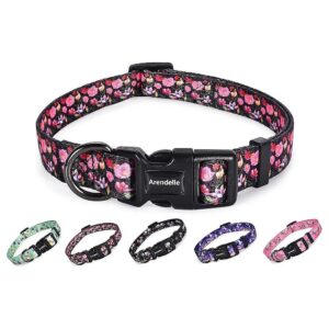 Cute Pink and Black Flowers Floral Pattern Dog Collar with Adjustable Size