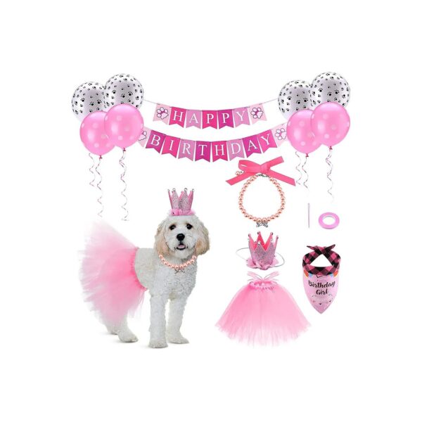 Cute Puppy Birthday Costume with Pearl Necklace and Saliva Towel for Pet Birthday Parties