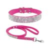 Cute Soft Suede Leather Rhinestone Jeweled Dog Collar Leash Combo for XXS Neck Size