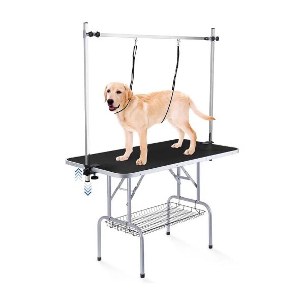 Dark Black Dog Grooming Table with Adjustable Height Arm and Metal Mesh Tray for Storage