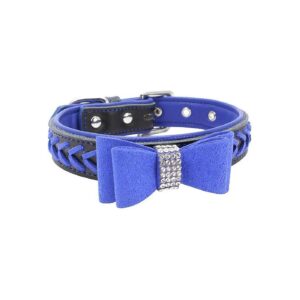 Dark Blue Genuine Leather Dog Collar with Clear Crystal Bow Tie Pattern for Small Breeds