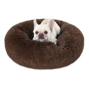 Dark Brown Plush Round Donut Dog Bed for Medium Dogs with Anti Anxiety Support