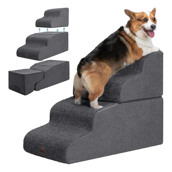 Dark Grey Pet Stairs for Small Dogs and Cats Climbing High Beds with Foldable Design